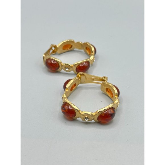 Signed Kenneth Lane Clip On Hoops Earrings Flawed Faux Carnelian Cabochons - Picture 6 of 9